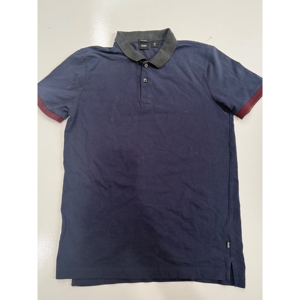Hugo Boss Mens Regular Fit Polo Shirt Navy Blue Grey Collar Burgundy Trim Size M